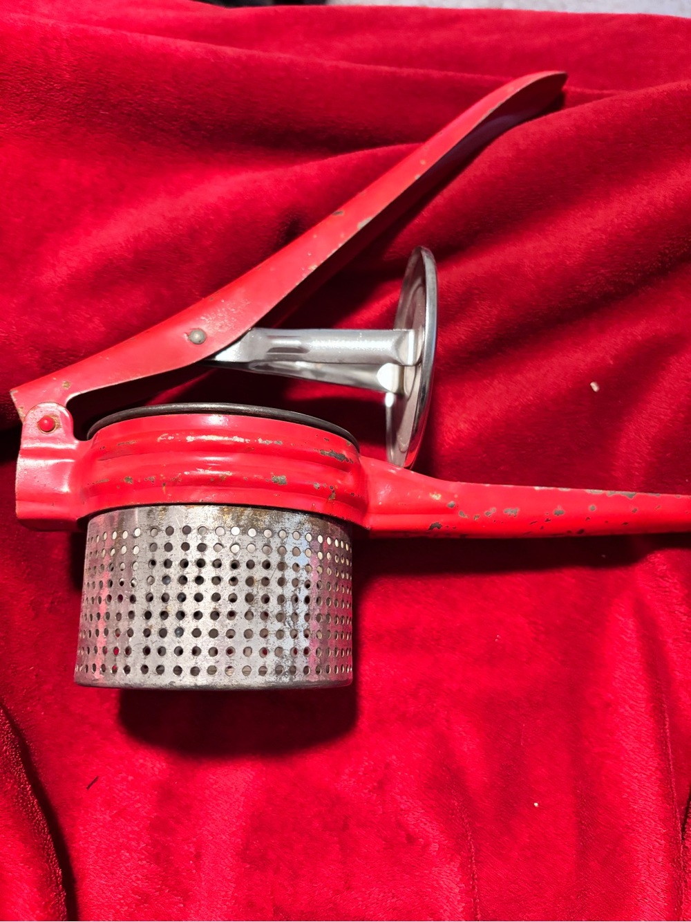 VTG Red Silver Handheld Fruit Press Potato Ricer Decor for Kitchen